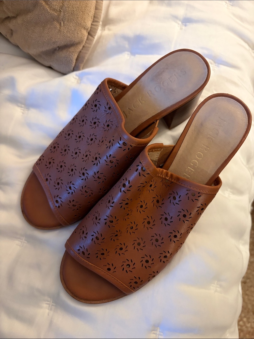 Jack Rogers Leather Tan Perforated Leather Slip-On Mules